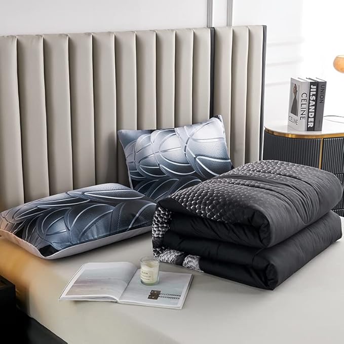 Teen Boy Comforter Set Full,Basketball Bedding Set for Kids Boys Teens,Black and Grey Sports Comforter Full with 2 Pillowcases,Basketball Comforter Full Size for Boys,All Season Use - LeafyLoom
