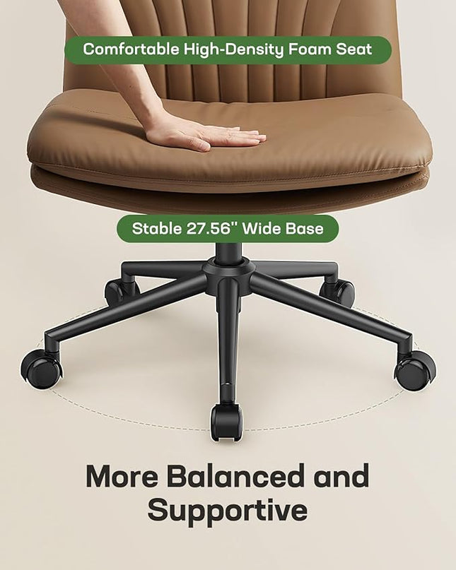 Marsail Armless-Office Desk Chair with Wheels: PU Leather Cross Legged Wide Chair,Comfortable Adjustable Swivel Computer Task Chairs for Home,Office,Make Up,Small Space,Bed Room, Brown - LeafyLoom