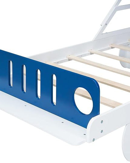 Wood Twin Size Car Bed with Ceiling Cloth, Headboard and Footboard, Car-Shaped Platform Bed W/Storage Shelves,Kids Twin-Bed-Frame for Boys,Girls,White+Blue - LeafyLoom