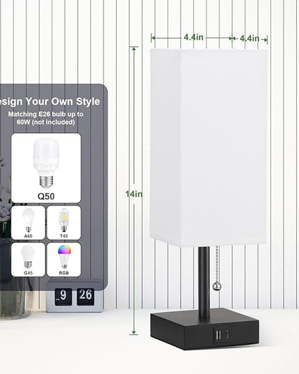 Nightstand Lamps Set of 2 - White, USB A and USB C Charging, Pull Chain Control, Bulb NOT Included, Small - LeafyLoom