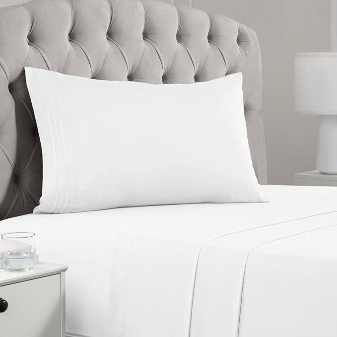Mellanni Twin XL Sheets Set - 3 PC Iconic Collection Bedding Sheets & Pillowcases - Hotel Luxury, Extra Soft, Cooling Bed Sheets - Deep Pocket up to 16 inch (Twin Extra Long, White) - LeafyLoom