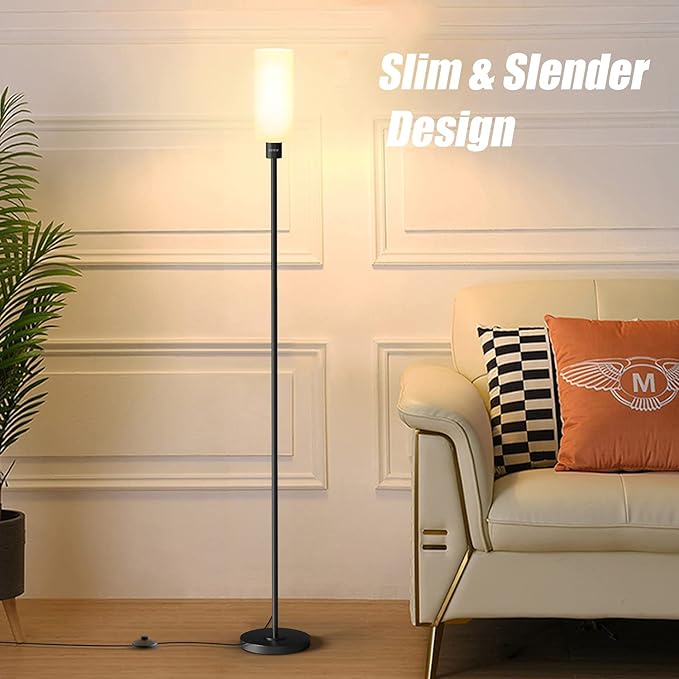 Floor Lamp for Living Room, Glass Lampshade Modern Standing Floor Lamp, 68 Inches Tall with E26 Socket for Office, Bedroom, Reading or Work - Black with White Lampshade, Bulb Not Included - LeafyLoom