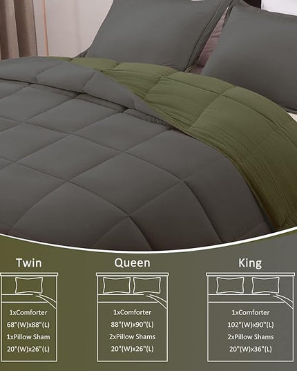 Basic Beyond King Size Comforter Set - Fluffy King Bed Comforter Set for All Seasons - Reversible Olive Green King Size Comforter Set - 3 Pieces (1 Comforter + 2 Pillow Shams) - Olive Green/Drak Gray - LeafyLoom