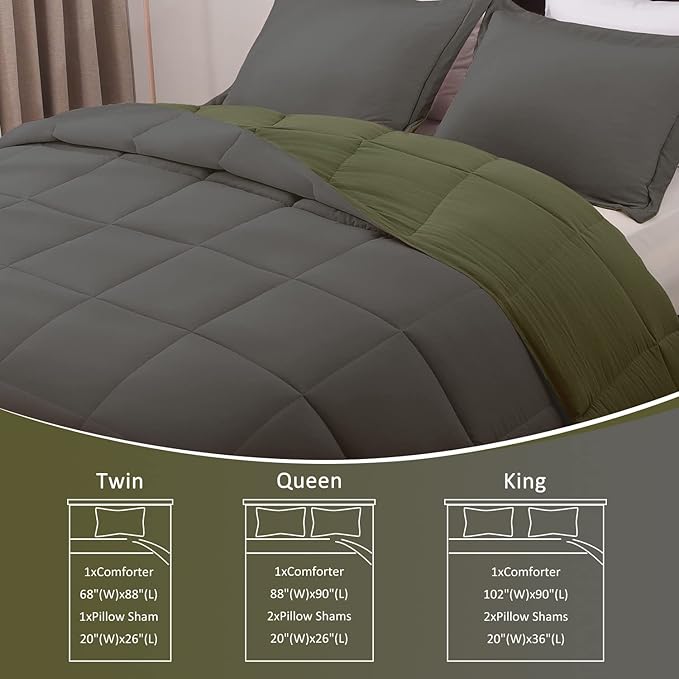 Basic Beyond King Size Comforter Set - Fluffy King Bed Comforter Set for All Seasons - Reversible Olive Green King Size Comforter Set - 3 Pieces (1 Comforter + 2 Pillow Shams) - Olive Green/Drak Gray - LeafyLoom