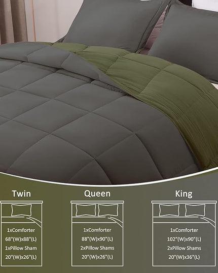 Basic Beyond Queen Comforter Set - Fluffy Comforter Queen Set for All Seasons - Reversible Olive Green Queen Comforter Set for Mens - 3 Pieces (1 Comforter + 2 Pillow Shams) - Olive Green/Drak Gray - LeafyLoom