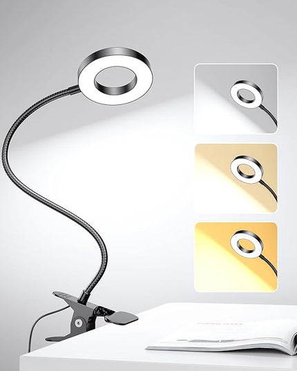 LED Desk Lamp Clip on Light with 3 Color Modes 10 Brightness Ring/Clamp Light 360° Flexible Gooseneck Dimmable Eye Protection Desk Light Desk Lamps for Home Office with Video Tutorials - LeafyLoom