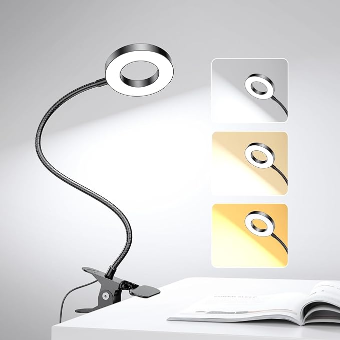 LED Desk Lamp Clip on Light with 3 Color Modes 10 Brightness Ring/Clamp Light 360° Flexible Gooseneck Dimmable Eye Protection Desk Light Desk Lamps for Home Office with Video Tutorials - LeafyLoom