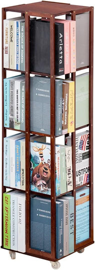 COPREE 5 Tier Rolling Bookcase, Bamboo 360 Rotating Bookshelf, Freestanding Storage Organizer Holder Book Rack with Wheels for Bedroom, Living Room Home and Office - LeafyLoom