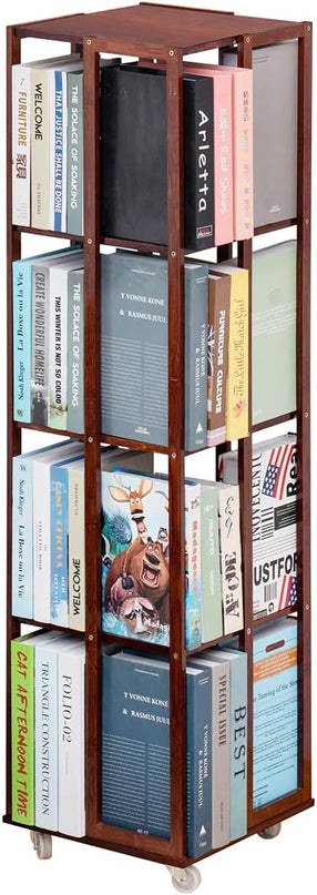 COPREE 5 Tier Rolling Bookcase, Bamboo 360 Rotating Bookshelf, Freestanding Storage Organizer Holder Book Rack with Wheels for Bedroom, Living Room Home and Office - LeafyLoom