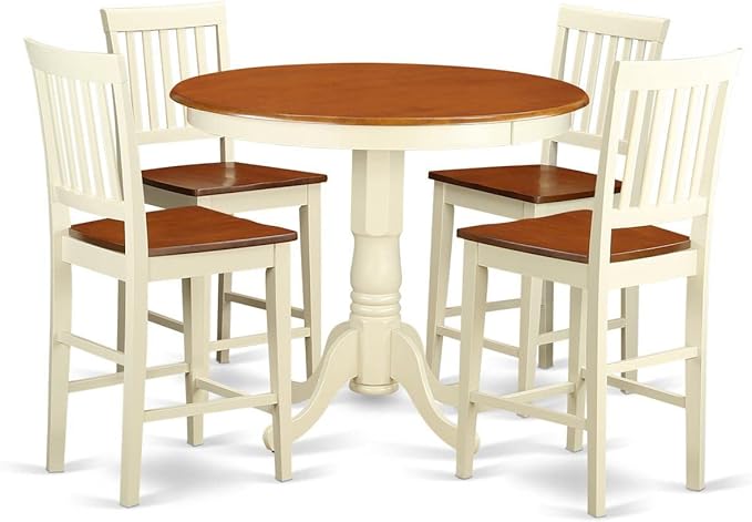 East West Furniture JAVN5-WHI-W 5 Piece Counter Height Dining Set Includes a Round Dining Table with Pedestal and 4 Kitchen Chairs, 36x36 Inch, Buttermilk & Cherry - LeafyLoom