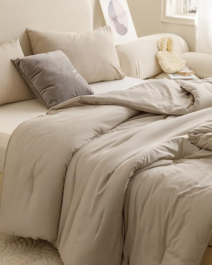ROSGONIA Queen Comforter Set Oatmeal, 3pcs(1 Boho Oatmeal Comforter & 2 Pillowcases) All Season Soft Bedding Lightweight Bedspread Blanket Quilt - LeafyLoom