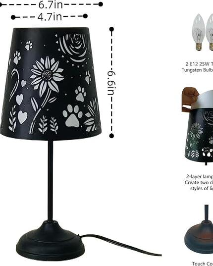 Touch Mini Table Lamp, Dimmable Touch Bedside Lamp, Black Metal Cutout Lampshade, Decoration Desk Lamp - LeafyLoom