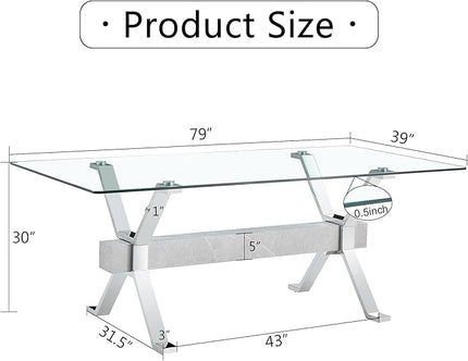 NicBex Dining Table Modern Tempered Glass Dining Table Large Modern Office Desk with Silver Plated Metal Legs and MDF Crossbars, Suitable for Both Home and Office Use, Silver + White - LeafyLoom