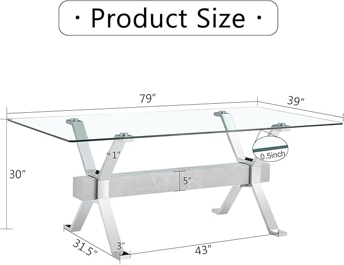 NicBex Dining Table Modern Tempered Glass Dining Table Large Modern Office Desk with Silver Plated Metal Legs and MDF Crossbars, Suitable for Both Home and Office Use, Silver + White - LeafyLoom