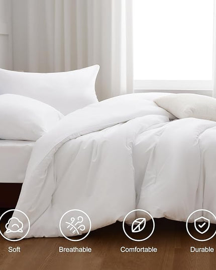CozyLux White Comforter Set Full Size, 3 Pieces Solid Breathable Quilted Boho Style Bedding Sets, Luxury Fluffy Soft Microfiber Comforter for All Season(1 Comforter & 2 Pillowcases) - LeafyLoom