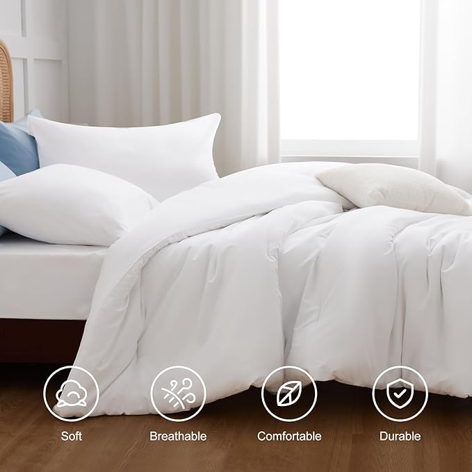 CozyLux White Comforter Set Full Size, 3 Pieces Solid Breathable Quilted Boho Style Bedding Sets, Luxury Fluffy Soft Microfiber Comforter for All Season(1 Comforter & 2 Pillowcases) - LeafyLoom
