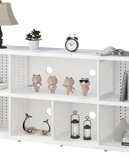 LVB White Horizontal Bookcase, Modern Bookshelf Cube Storage Organizer, Farmhouse Wide Large Wood Metal Book Shelf, Industrial Low Long Cube Shelf for Office Home Bedroom Living Room, White Oak, 63 In - LeafyLoom