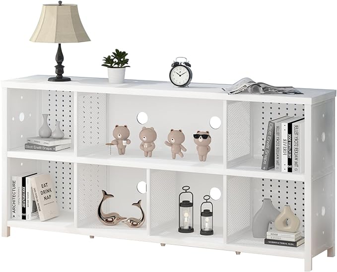 LVB White Horizontal Bookcase, Modern Bookshelf Cube Storage Organizer, Farmhouse Wide Large Wood Metal Book Shelf, Industrial Low Long Cube Shelf for Office Home Bedroom Living Room, White Oak, 63 In - LeafyLoom