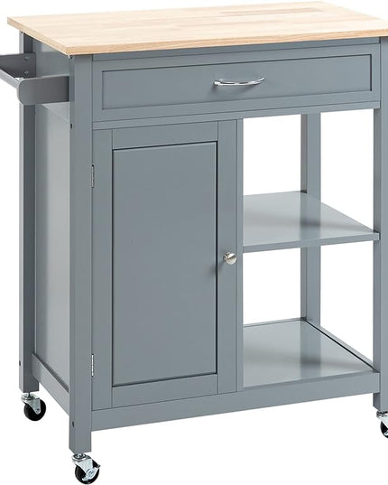 HOMCOM Kitchen Island Cart, Rolling Kitchen Island with Storage Shelf, Solid Wood Top, Drawer, for Dining Room, Gray - LeafyLoom