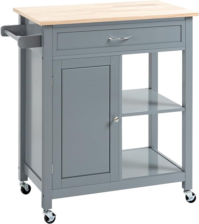 HOMCOM Kitchen Island Cart, Rolling Kitchen Island with Storage Shelf, Solid Wood Top, Drawer, for Dining Room, Gray - LeafyLoom