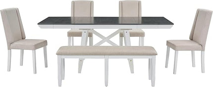 Classic Dining Table Set for 6 with 78' Extendable Rectangular Tabletop with Two 12" W Removable Leaves and 4 Upholstered Chairs & 1 Bench for Kitchen Living Room, Gray+White - LeafyLoom