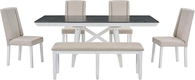 Classic Dining Table Set for 6 with 78' Extendable Rectangular Tabletop with Two 12" W Removable Leaves and 4 Upholstered Chairs & 1 Bench for Kitchen Living Room, Gray+White - LeafyLoom