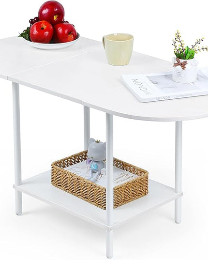 White Coffee Tables for Living Room,2-Tier Small Coffee Table Industrial Modern Oval Center Table with Storage Shelf and Wood Tabletop,for Small Space,Home Office - LeafyLoom