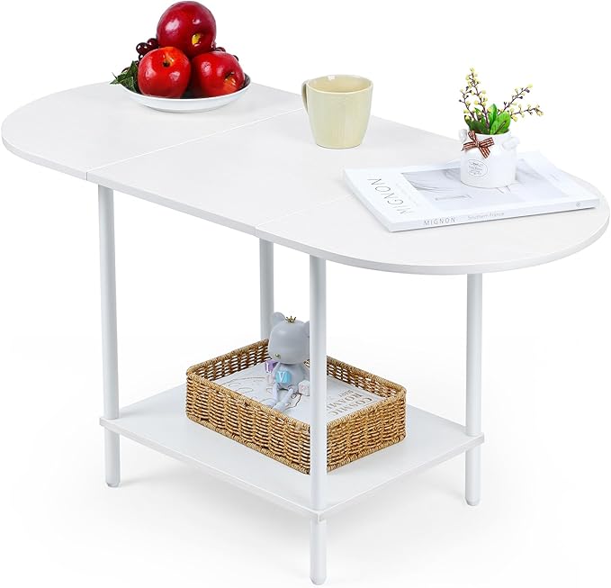 White Coffee Tables for Living Room,2-Tier Small Coffee Table Industrial Modern Oval Center Table with Storage Shelf and Wood Tabletop,for Small Space,Home Office - LeafyLoom