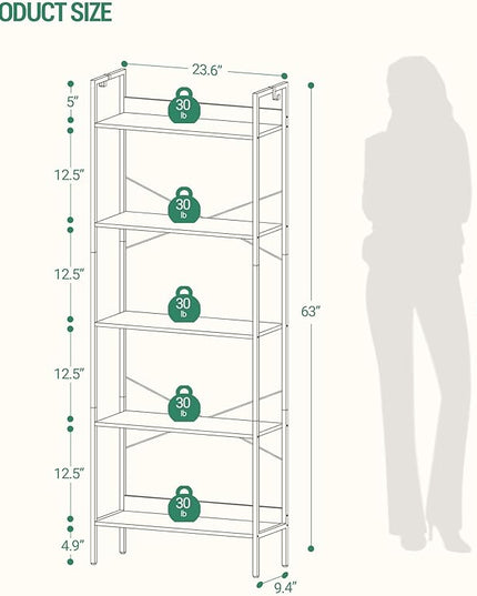 Bookshelf, Book Shelf, Industrial Bookcase with 2 Hooks, Coner Shelf Storage Organizer for Home Office, Living Room, Bedroom, Kitchen, 5-Tier Rustic Brown BC22501B - LeafyLoom
