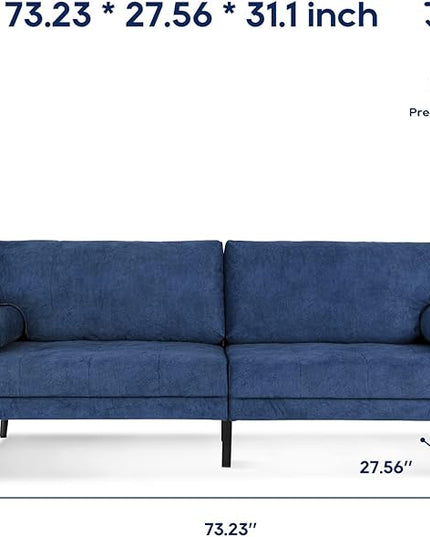 Vonanda Velvet Sofa Couch, Mid Century Modern 73 inch 3-Seater Sofa Couches with High-Density Sponge Comfy Tufted Soft Cushion and 2 Bolster Pillows for Living Room, Elegant Royal Blue - LeafyLoom