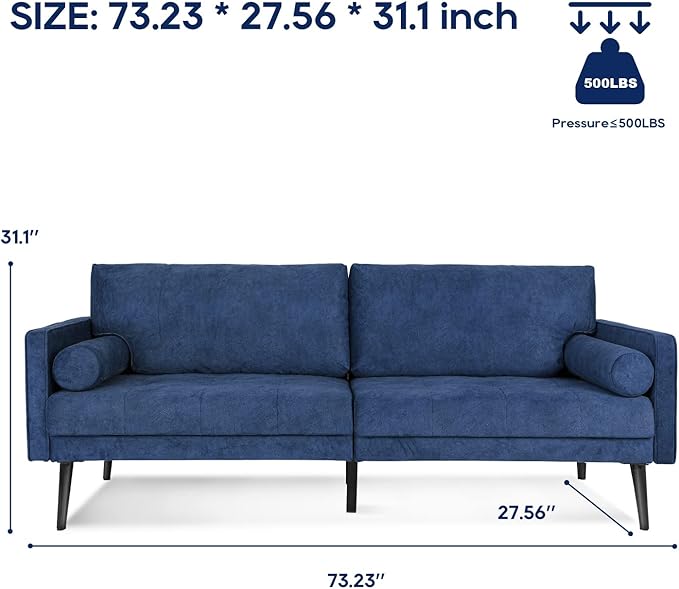 Vonanda Velvet Sofa Couch, Mid Century Modern 73 inch 3-Seater Sofa Couches with High-Density Sponge Comfy Tufted Soft Cushion and 2 Bolster Pillows for Living Room, Elegant Royal Blue - LeafyLoom