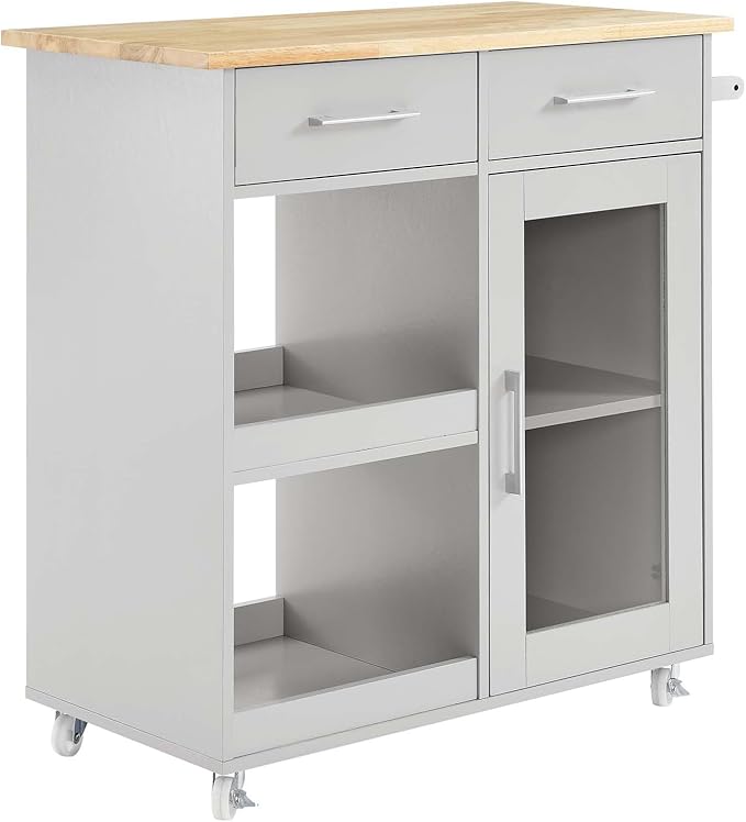 Modway Culinary Rolling Kitchen Cart with Storage in Light Gray Natural - 3 Tiers Kitchen Island on Wheels with Towel Bar, Functional as a Coffee Station, Bar Cabinet or Butcher Block Island - LeafyLoom