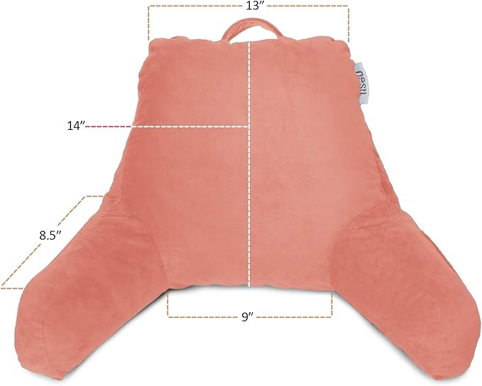 Clara Clark Reading Pillow for Kids, Small Back Pillow for Sitting Up in Bed, Memory Foam Back Support Pillow, Reading Pillows for Sitting in Bed, Misty Rose Gaming Pillow with Arms and Pockets - LeafyLoom