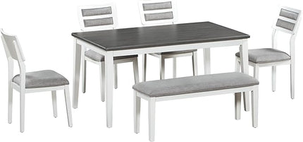Classic and Traditional Style 6 Piece Set, Includes 1 Table, 4 Upholstered Chairs & Bench, Easy to Assemble, for Living, Dining Room, Home Bar and Kitchen, Gray White - LeafyLoom