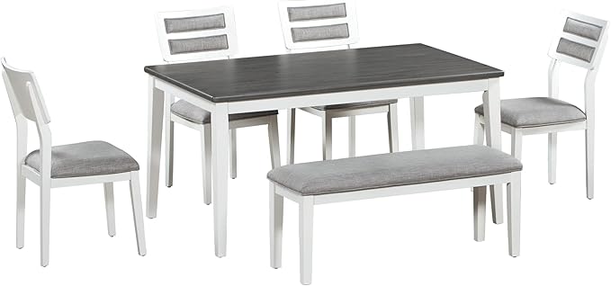 Classic and Traditional Style 6 Piece Set, Includes 1 Table, 4 Upholstered Chairs & Bench, Easy to Assemble, for Living, Dining Room, Home Bar and Kitchen, Gray White - LeafyLoom