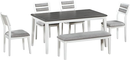 Classic and Traditional Dining Set for 5-6, includes Kitchen Table, 4 Upholstered Chairs & Bench, White+Gray, 60" L x 36" W x 30" H - LeafyLoom