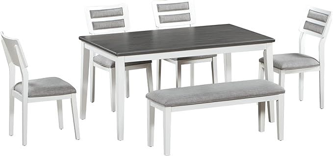 Classic and Traditional Dining Set for 5-6, includes Kitchen Table, 4 Upholstered Chairs & Bench, White+Gray, 60" L x 36" W x 30" H - LeafyLoom