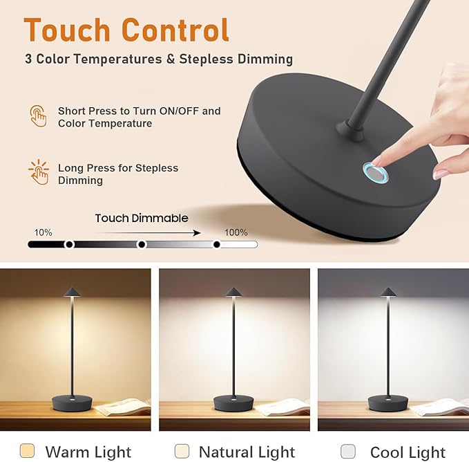 Set of 2 Rechargeable Cordless Table Lamp,6000mAh LED Battery Operated Desk Lamp Touch 3 Color Dimming Portable Outdoor Waterproof Table Light for Patio/Restaurant/Dining/Home (Grey) - LeafyLoom