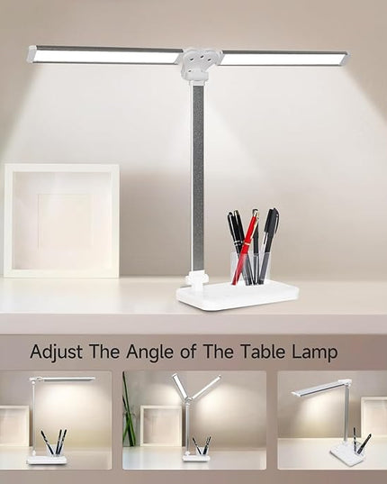LED Desk Lamp for Home Office - Dual Swing Arm Desk Light with USB Charging Port,Eye-Caring Foldable 5 Color Modes 10 Brightness Levels Dimmable Desk Lamp for College Dorm Room (Silver) - LeafyLoom