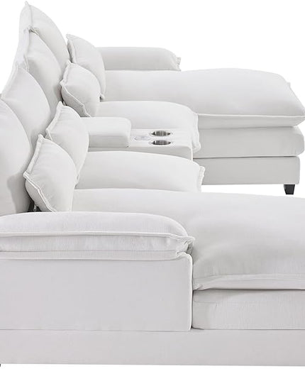 U Shaped Modular Sectional Sofa Deep Seat Oversized Symmetrical Corner Couch with Console,Cupholders and USB Ports, 6 Seater Velvet Upholstered Corner Sofa&Couches with Double Chaise Lounge - LeafyLoom