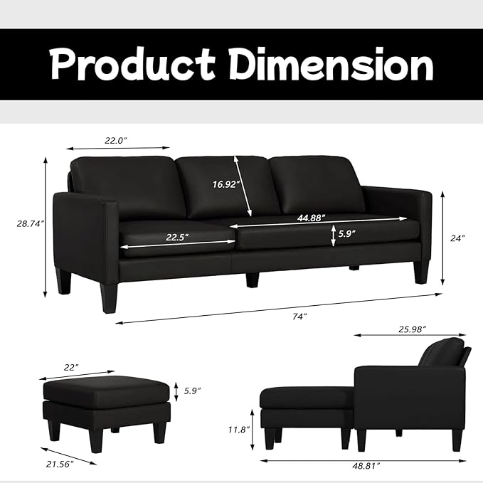 L-Shaped Sectional Modern Sofa - Leather Convertible Sofa Sleeper Sofa Bed Couch Set with Reversible Chaise, Lounge Sofa for Living Room Apartment Small Space (Leather Black) - LeafyLoom