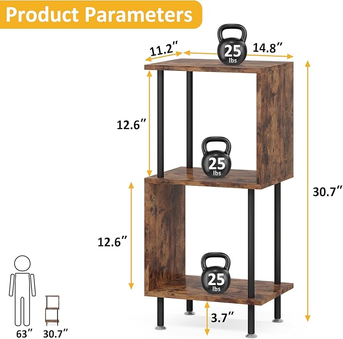3 Tier Modern Bookshelf, S-Shaped Bookcase,Small Book Shelf for Small Spaces, Unique Bookshelf for Storage Organizer Living Room Bedroom Home Office - LeafyLoom