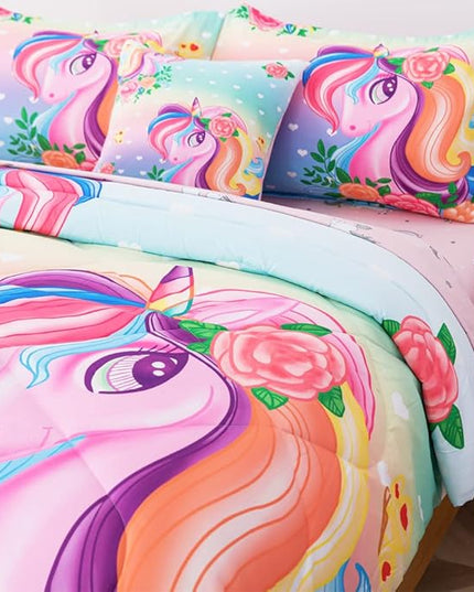 ADASMILE A & S Unicorn Comforter Set Twin with Sheets 6 Pieces Floral Pink Unicorn Bedding Set for Girls Kids Unicorn Sheets Soft Bed-in-a-Bag Comforter Reversible Bed Comforter Set for Home Decor - LeafyLoom