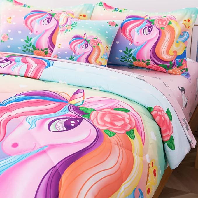 ADASMILE A & S Unicorn Comforter Set Twin with Sheets 6 Pieces Floral Pink Unicorn Bedding Set for Girls Kids Unicorn Sheets Soft Bed-in-a-Bag Comforter Reversible Bed Comforter Set for Home Decor - LeafyLoom