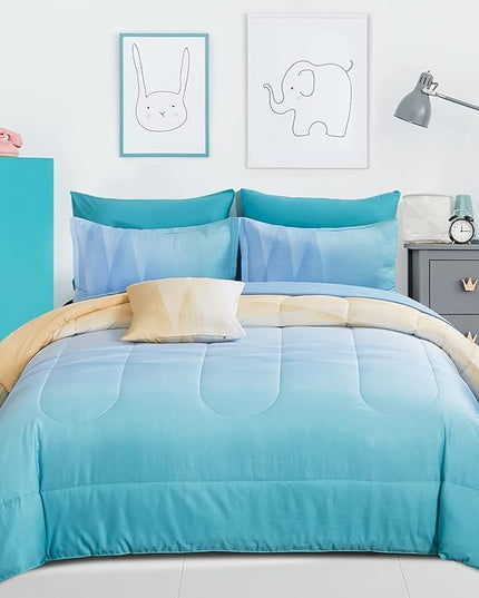 Girls Comforter Set Queen Size Colorful Ombre Blue Yellow Rainbow Bedding Set 7 Pieces Bed in A Bag for Teen Girls Women(1 Comforter, 1 Flat Sheet, 1 Fitted Sheet, 2 Pillow sham, 2 Pillowcases) - LeafyLoom