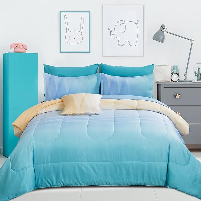 Girls Comforter Set Queen Size Colorful Ombre Blue Yellow Rainbow Bedding Set 7 Pieces Bed in A Bag for Teen Girls Women(1 Comforter, 1 Flat Sheet, 1 Fitted Sheet, 2 Pillow sham, 2 Pillowcases) - LeafyLoom