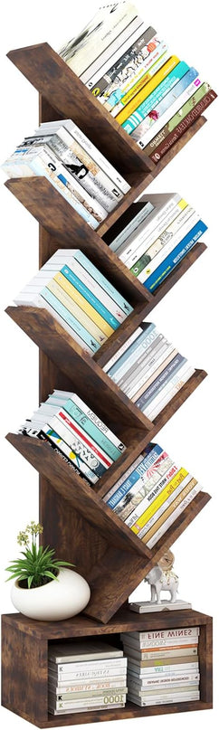 Tree Bookshelf with Storage, 8 Tier Wooden Tall Book Shelf, Floor Standing Bookcase for Kids and Adults, Utility Organizer Shelves for Living Room, Bedroom, Home Office, Brown - LeafyLoom