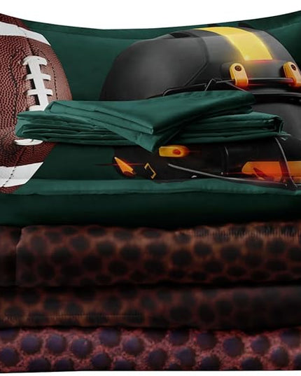 Teen Boy Football Bedding Set Twin Size, 4 Pieces American Football Comforter Set Twin, Kids Sports Bedding Bed in a Bag Set, Green Brown - LeafyLoom