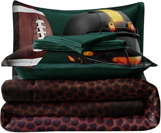 Teen Boy Football Bedding Set Twin Size, 4 Pieces American Football Comforter Set Twin, Kids Sports Bedding Bed in a Bag Set, Green Brown - LeafyLoom