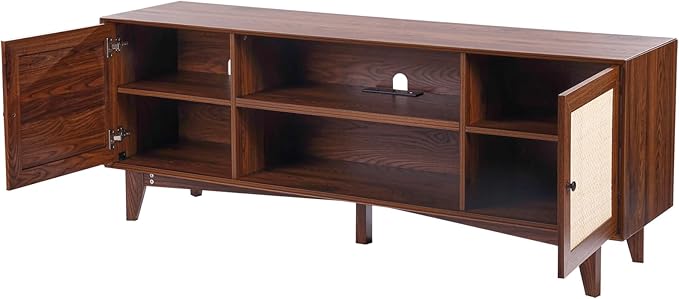 VEVOR Rattan TV Stand for 75in TV, Boho TV Stand with Rattan Door, Entertainment Center with Build-in Socket, Storage Cabinet with 2 Shelves, Modern TV Console for Living Room, Media Room, Walnut - LeafyLoom